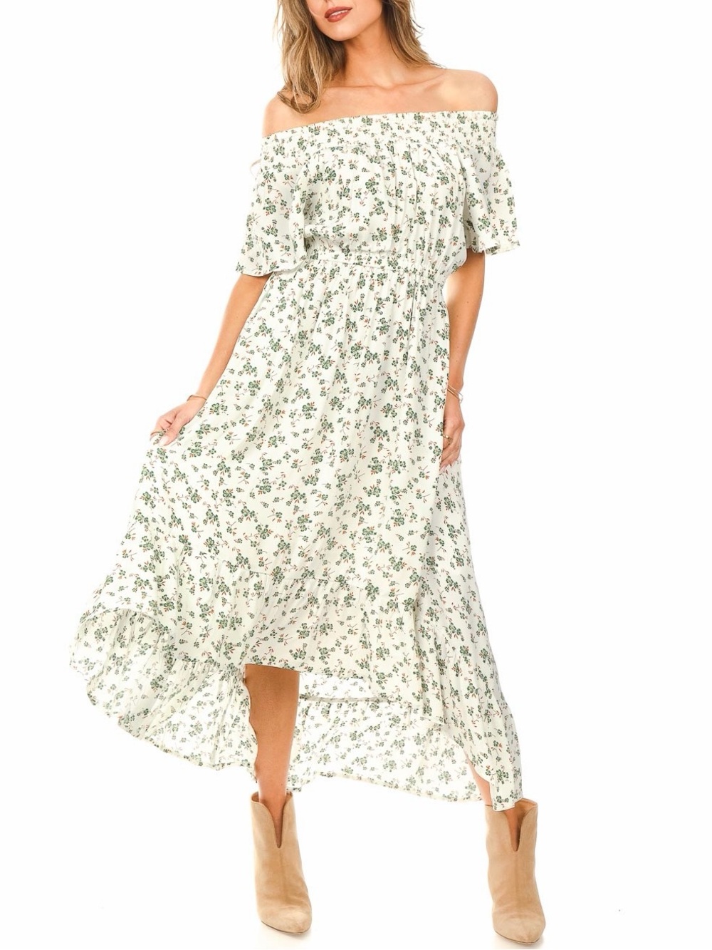 Lolly’s Laundry Flora Dress Off-Shoulder Hi-Lo Midi White Green Flower Print L